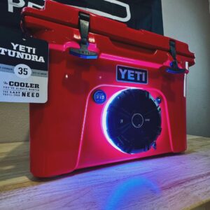 YETI Tundra 35 cooler UK Rescue Red compact insulated cooler with Kicker 6.5 speaker RGB LED ring Bluetooth system outdoor use