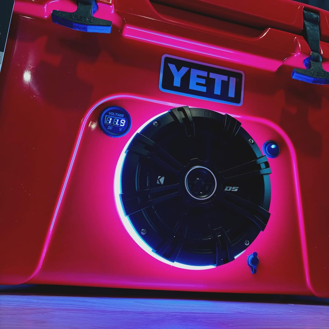YETI Tundra 35 cooler UK Rescue Red compact insulated cooler with Kicker 6.5 speaker RGB LED ring Bluetooth system outdoor use