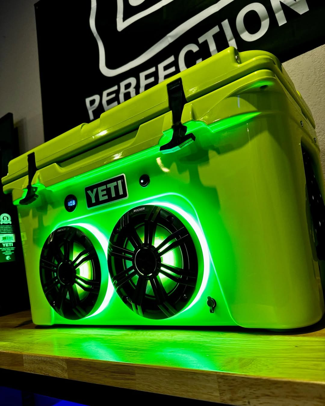 YETI Tundra 45 cooler UK Chartreuse limited edition insulated cooler with dual Kicker KM speakers RGB LED lighting Bluetooth system outdoor premium cooler