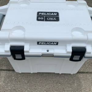 Pelican 50qt Elite Cooler white and gray front view UK