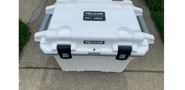 Pelican 50qt Elite Cooler white and gray front view UK