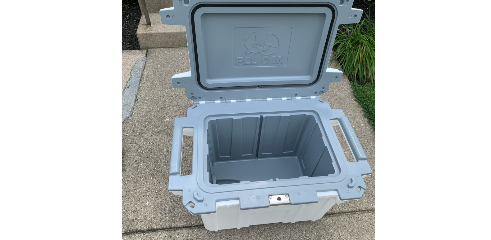Pelican 50qt Elite Cooler white and gray front view UK