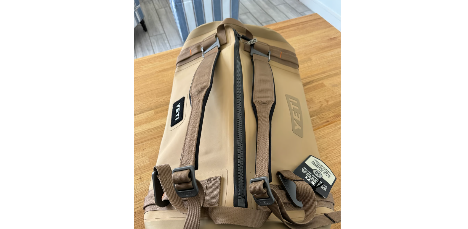 Yeti Panga 50L waterproof duffel bag in tan with HydroLok zipper closed