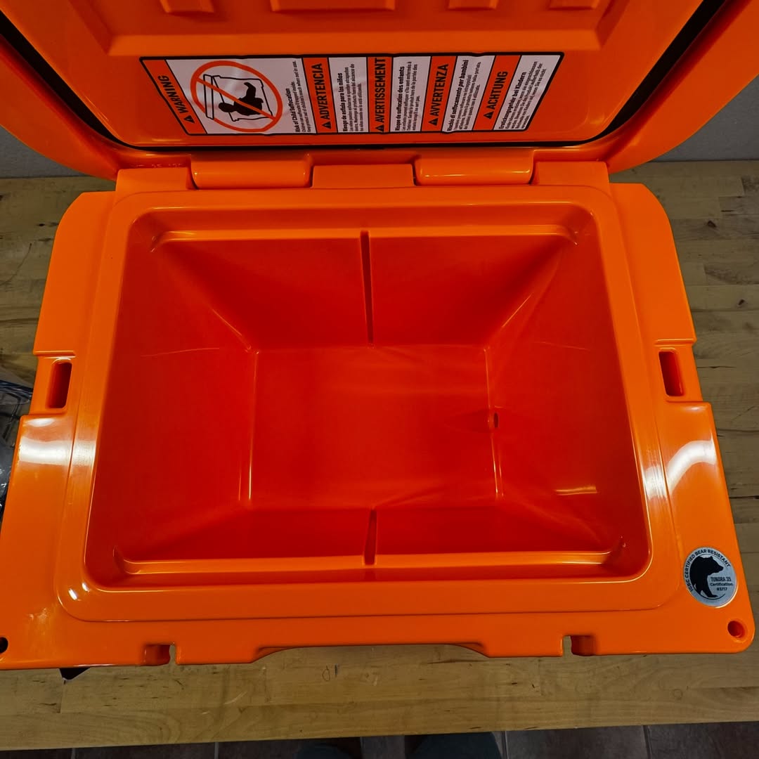 Custom YETI Tundra 35 cooler with built-in speaker system and LED lighting designed for outdoor use