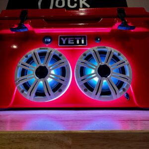 YETI Tundra 45 cooler UK Rescue Red insulated cooler with Kicker KM speakers RGB LED ring Bluetooth audio system premium outdoor cooler