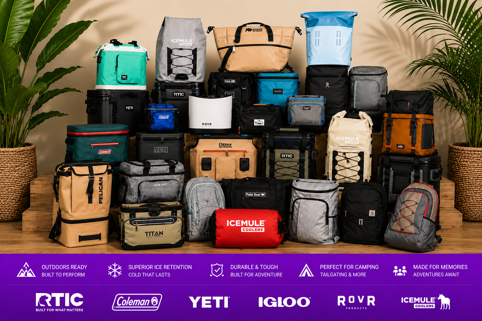 Premium coolers and insulated outdoor bags with bright luxury purple footer banner for camping, fishing, hiking, tailgating and adventure travel across the UK and Europe