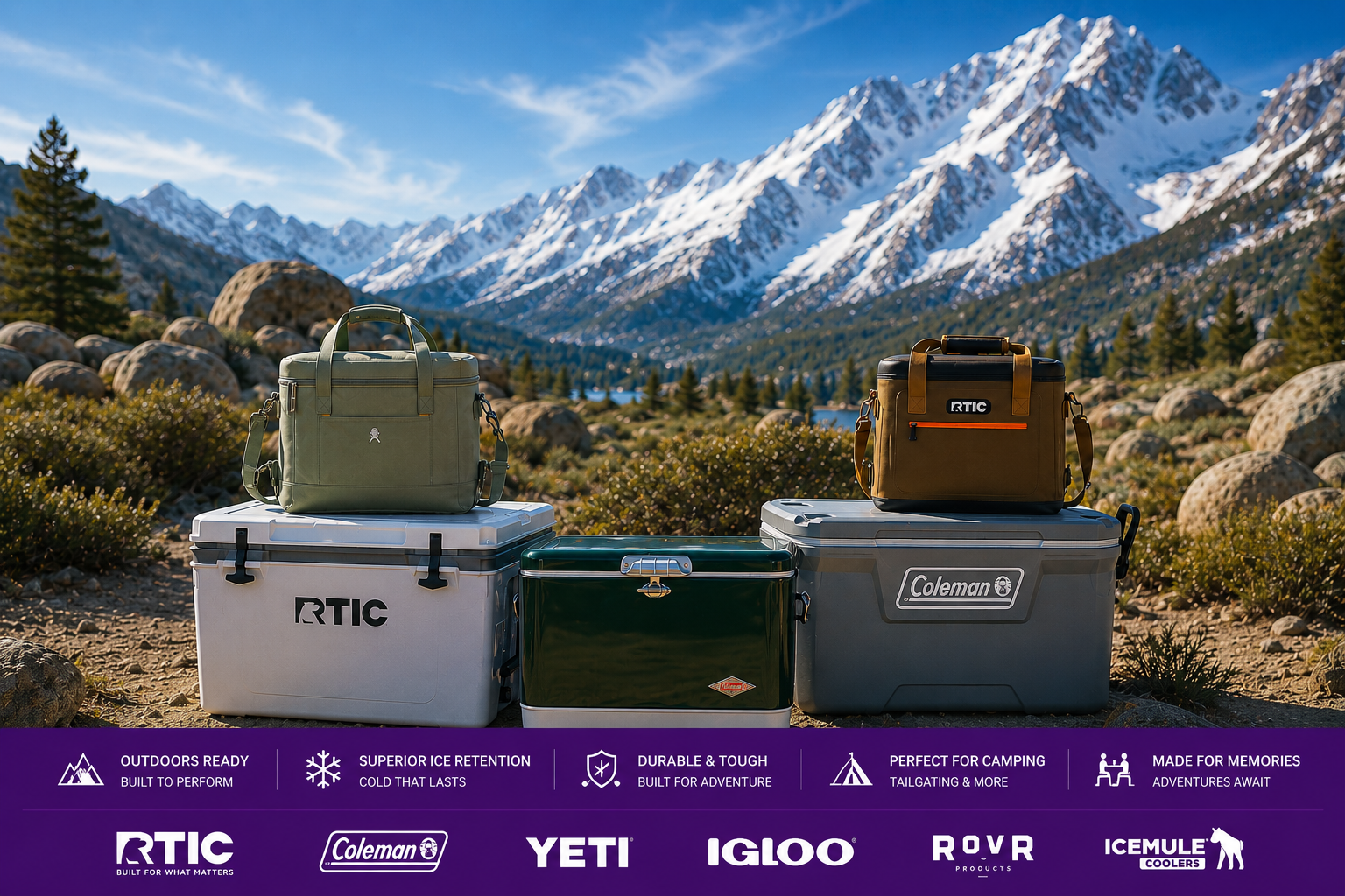 Premium outdoor coolers and insulated bags for camping, fishing, hiking and road trips with rugged mountain adventure landscape and durable ice retention coolers UK Europe