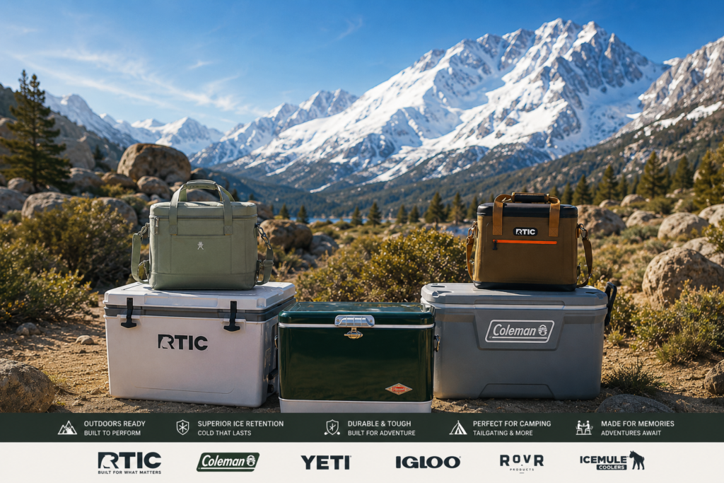 Premium outdoor coolers and insulated bags in mountain landscape for camping, hiking, fishing, road trips and adventure travel UK Europe
